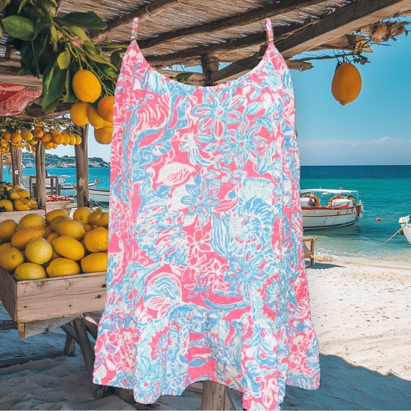 Lilly Pulitzer Coral Pink Blue Sun Ray Ruffled Peplum Tank Top Shirt Cami XL NWT - Picture 3 of 11